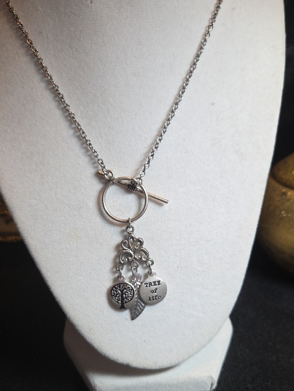 Silver-tone Tree of Life 3 Charm Dangle Pendant Necklace -